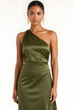 Olive One Shoulder Satin Tea Length Bridesmaid Dress
