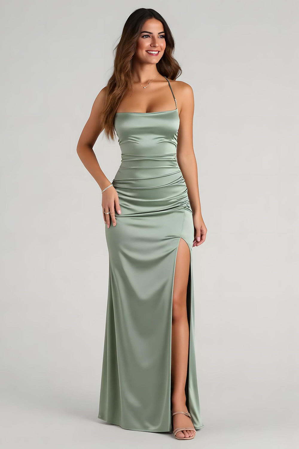 Eucalyptus Satin Ruched Sheath Long Bridesmaid Dress with Slit