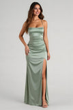 Eucalyptus Satin Ruched Sheath Long Bridesmaid Dress with Slit