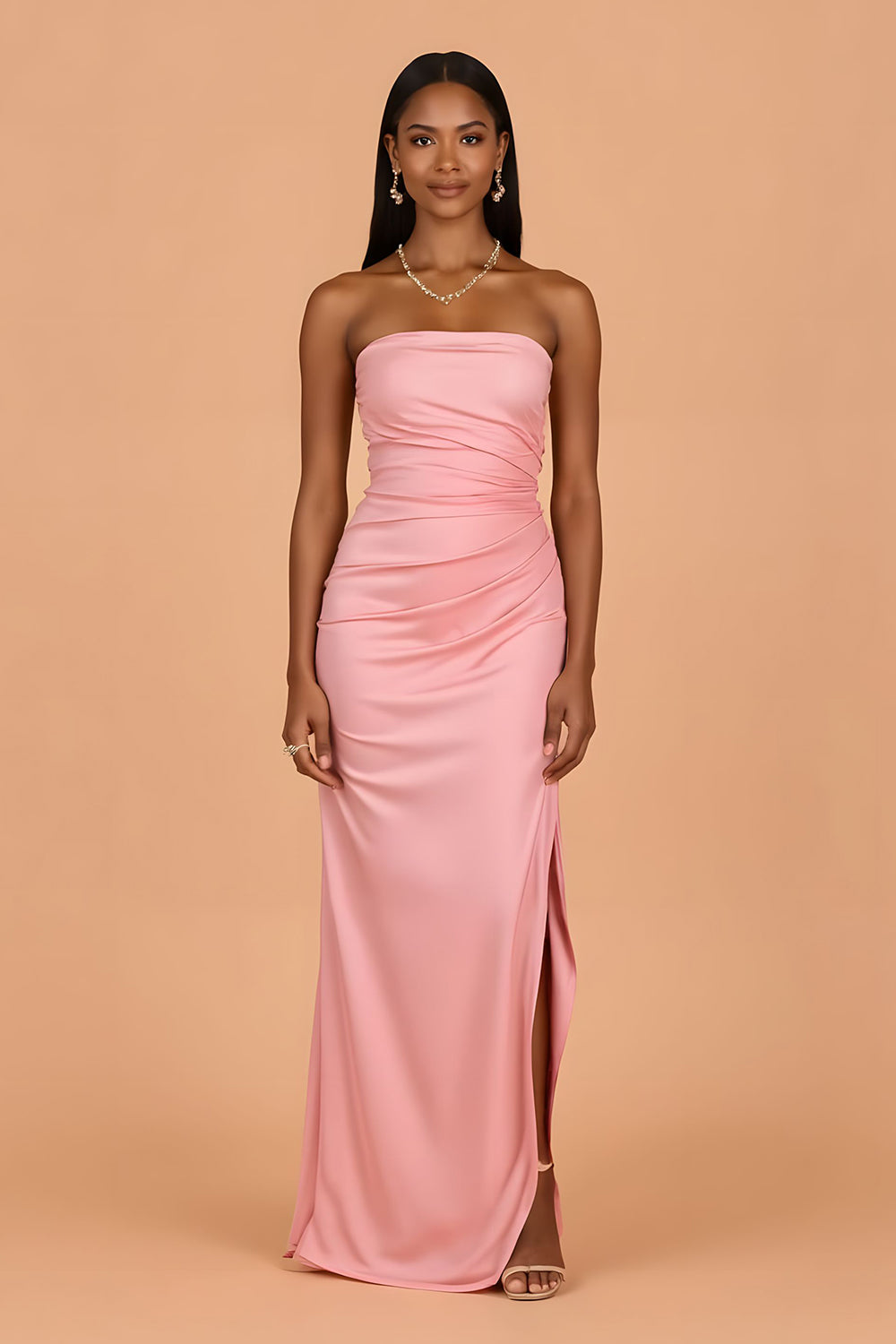 Blush Strapless Sheath Satin Ruched Long Bridesmaid Dress