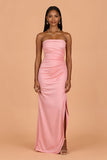 Blush Strapless Sheath Satin Ruched Long Bridesmaid Dress