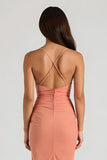 Sunset Spaghetti Straps Sheath Ruched Long Bridesmaid Dress