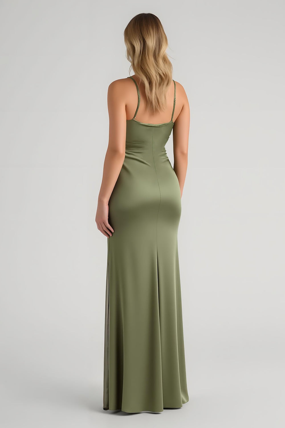 Olive Satin Ruched Spaghetti Straps Long Sheath Bridesmaid Dress