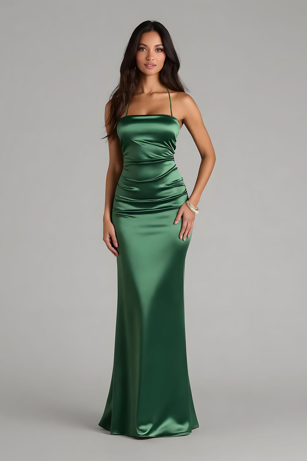 Dark Green Spaghetti Straps Satin Mermaid Long Bridesmaid Dress