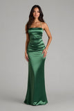 Dark Green Spaghetti Straps Satin Mermaid Long Bridesmaid Dress