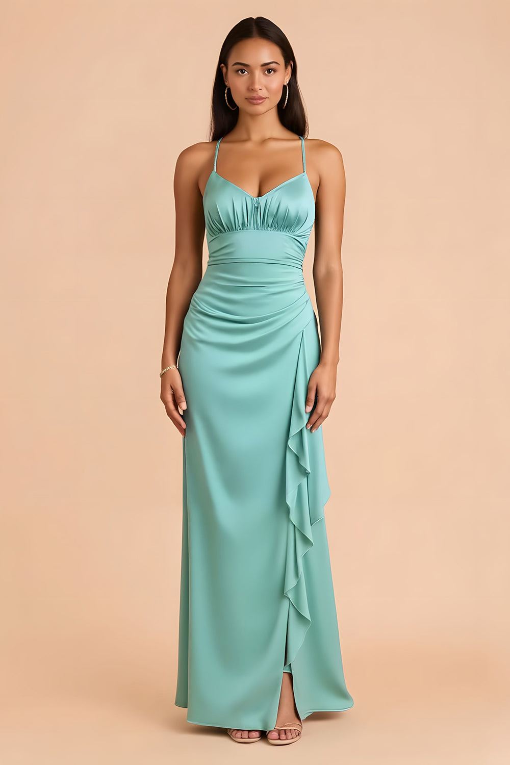 Mint Green Satin Spaghetti Straps Sheath Long Bridesmaid Dress