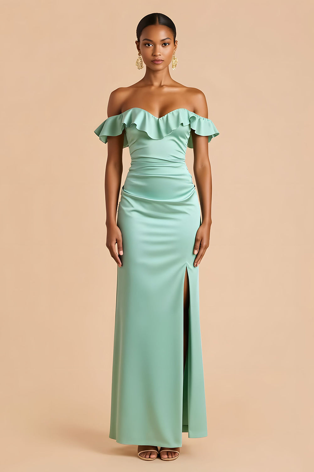 Mint Green Off the Shoulder Satin Sheath Long Bridesmaid Dress