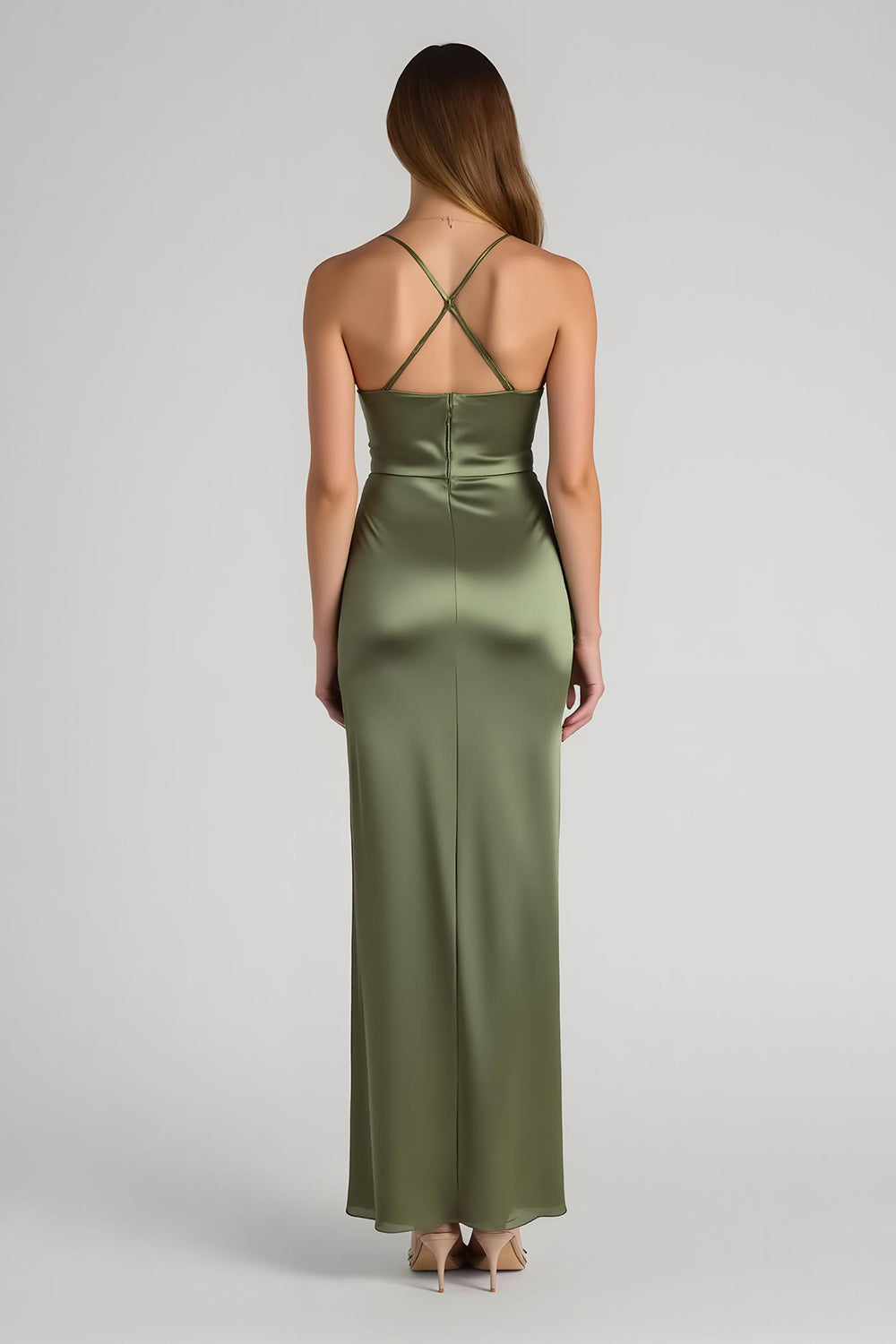 Olive Spaghetti Straps Satin Ruched Sheath Long Bridesmaid Dress