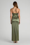 Olive Spaghetti Straps Satin Ruched Sheath Long Bridesmaid Dress