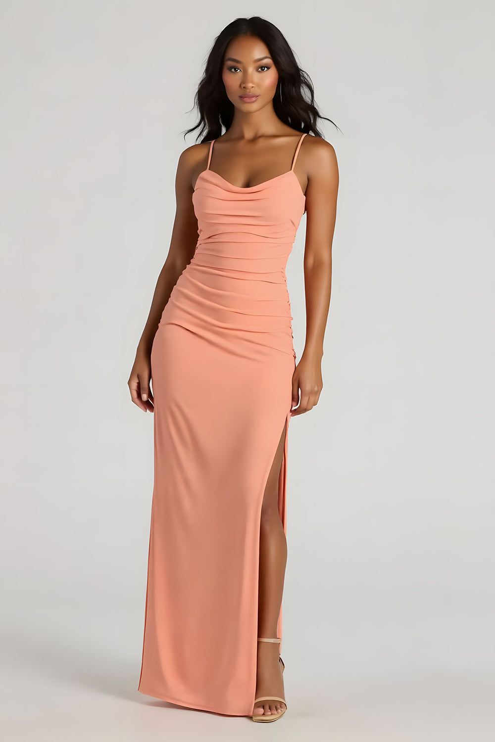 Sunset Spaghetti Straps Ruched Sheath Long Bridesmaid Dress with Slit