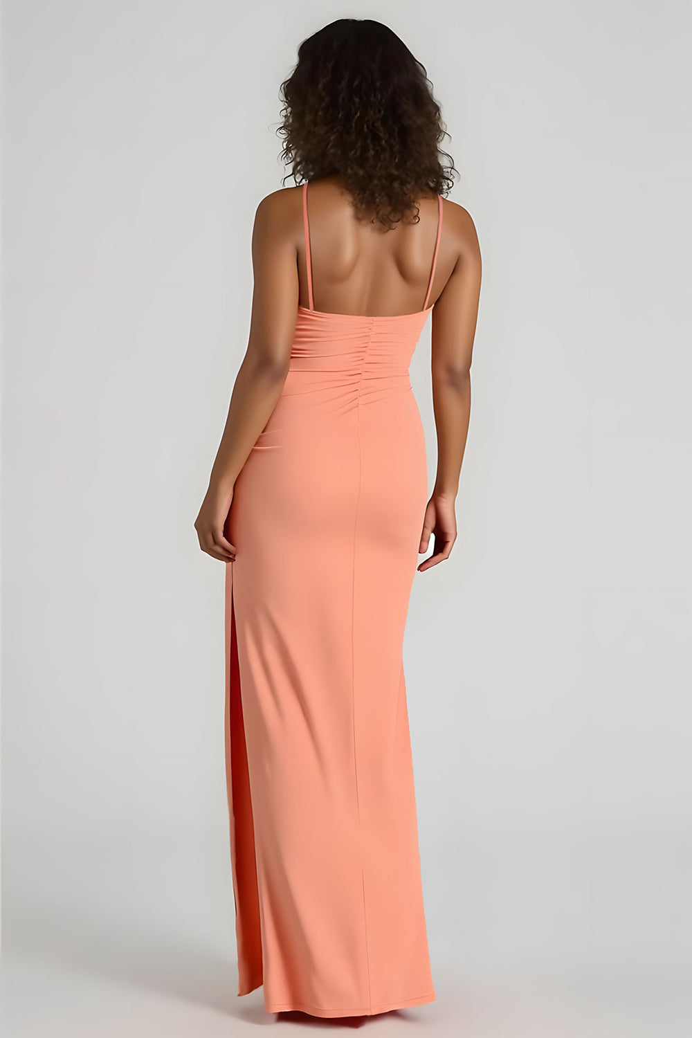 Sunset Spaghetti Straps Ruched Sheath Long Bridesmaid Dress with Slit