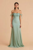 Sage Green Off the Shoulder Chiffon Pleated A-Line Long Bridesmaid Dress