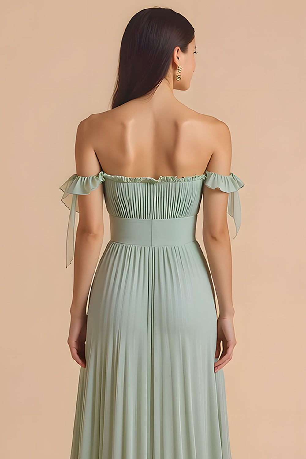 Sage Green Off the Shoulder Chiffon Pleated A-Line Long Bridesmaid Dress