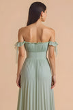 Sage Green Off the Shoulder Chiffon Pleated A-Line Long Bridesmaid Dress