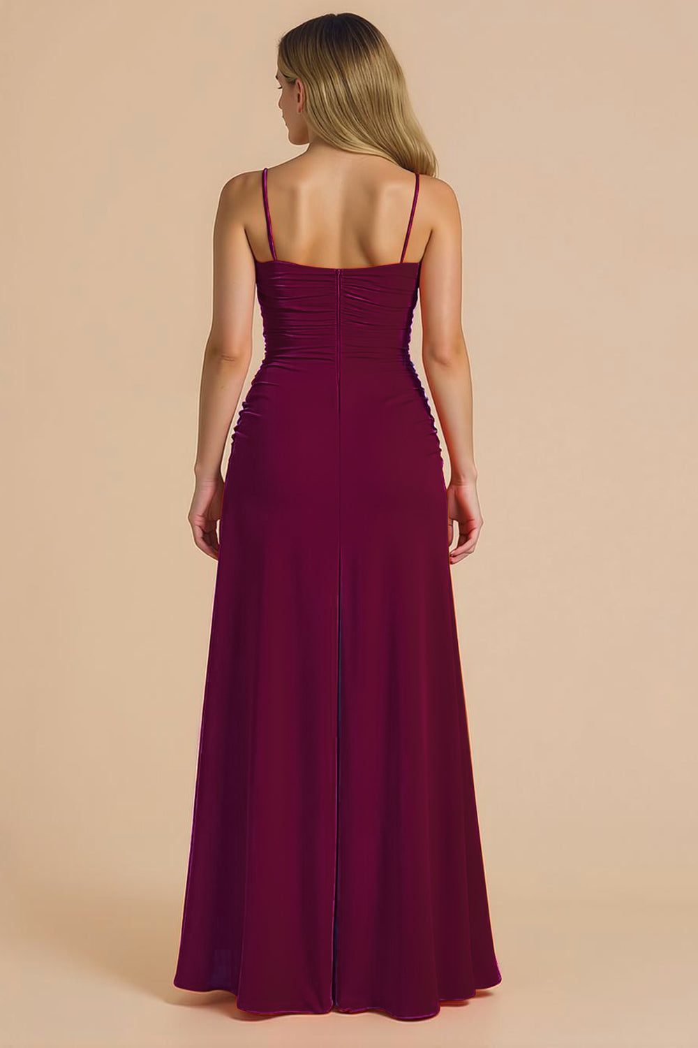 Burgundy Spagheeti Straps Ruched Sheath Long Bridesmaid Dress