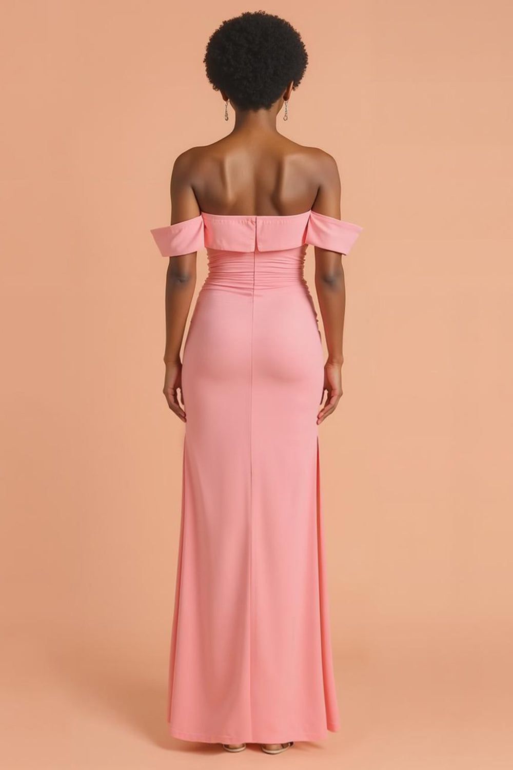 Pink Sheath Off the Shoulder Long Bridesmaid Dress with Slit