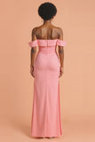 Pink Sheath Off the Shoulder Long Bridesmaid Dress with Slit