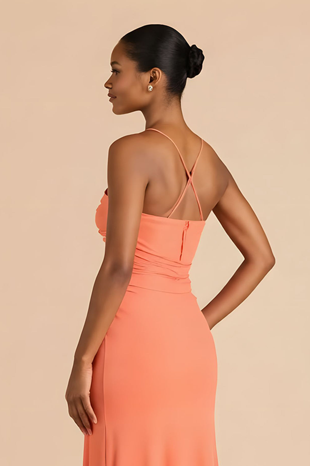 Orange Strapless Ruched Sheath Long Bridesmaid Dress with Slit