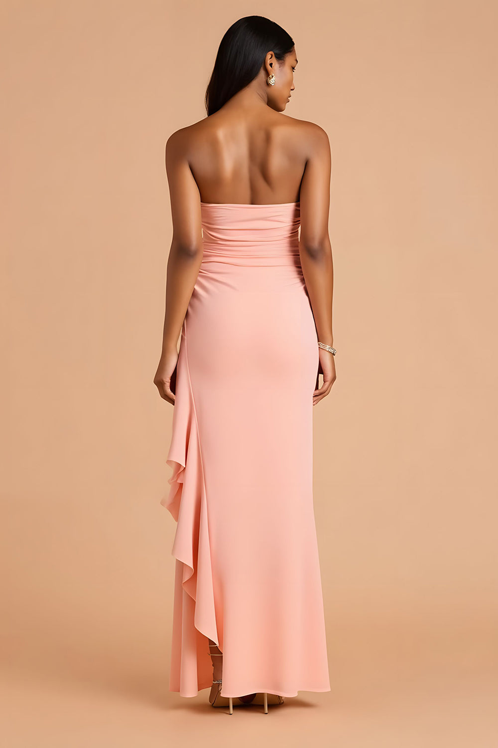 Blush Sheath Strapless Ruffled Long Bridesmaid Dress with Slit