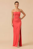 Burgundy Sheath Sapghetti Straps Long Bridesmaid Dress with Slit