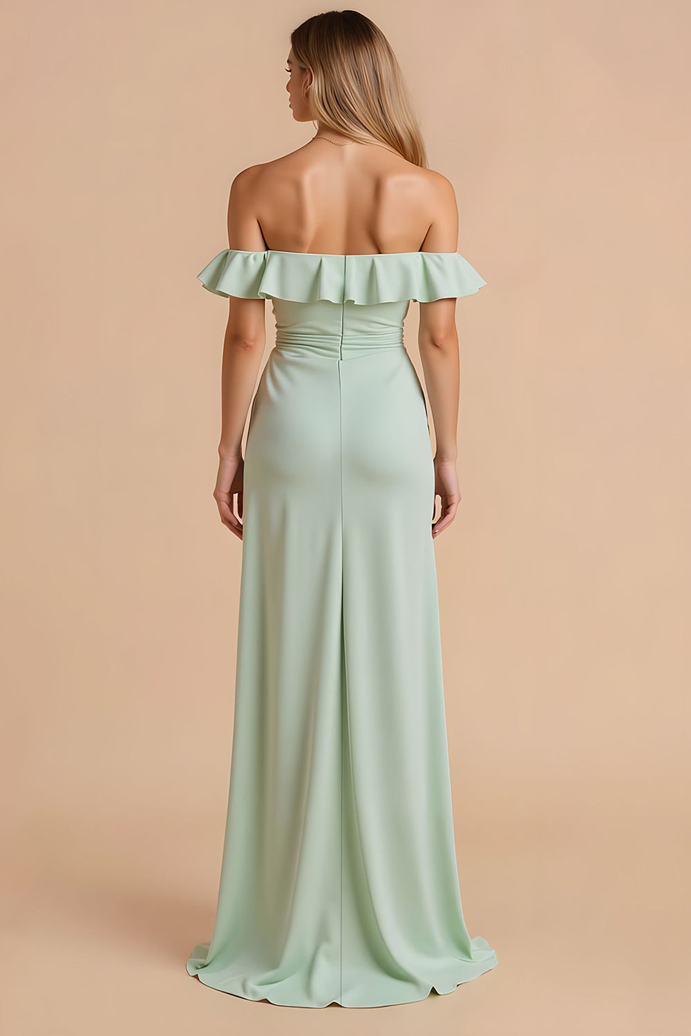 Light Green Sheath Off the Shoulder Maxi Bridesmaid Dress with Ruffles