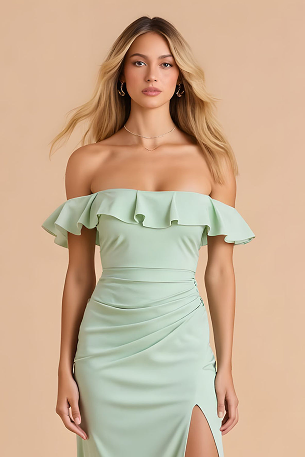 Light Green Sheath Off the Shoulder Maxi Bridesmaid Dress with Ruffles