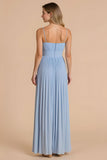 Light Blue Pleated A Line Spaghetti Straps Long Bridesmaid Dress