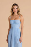 Light Blue Pleated A Line Spaghetti Straps Long Bridesmaid Dress