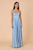 Light Blue Pleated A Line Spaghetti Straps Maxi Bridesmaid Dress