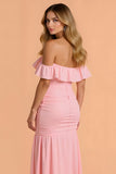 Blush Mermaid Ruched Off the Shoulder Maxi Bridesmaid Dress with Ruffles
