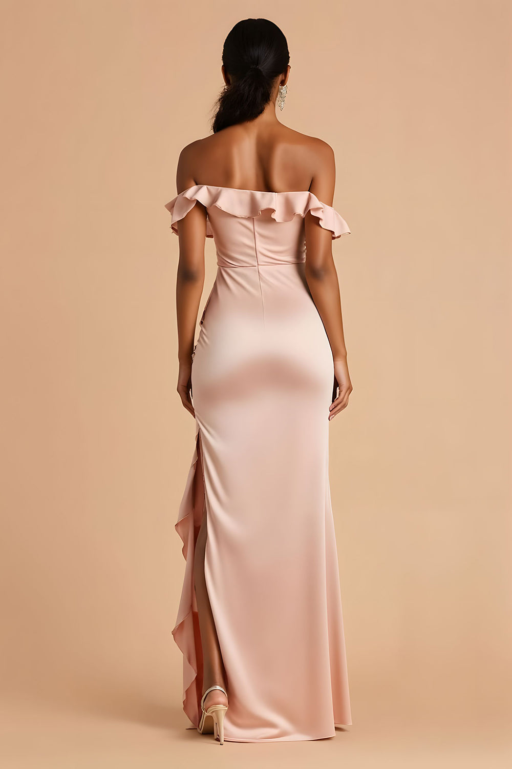 Candy Pink Sheath Ruffled Off the Shoulder Maxi Bridesmaid Dress with Slit