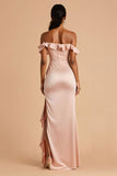 Candy Pink Sheath Ruffled Off the Shoulder Maxi Bridesmaid Dress with Slit
