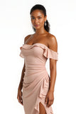 Candy Pink Sheath Ruffled Off the Shoulder Maxi Bridesmaid Dress with Slit