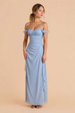 Light Blue Sheath Ruched Cold Shoulder Long Bridesmaid Dress with Ruffles
