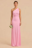 Candy Pink Sheath One Shoulder Long Bridesmaid Dress