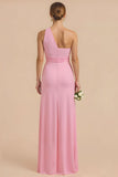 Candy Pink Sheath One Shoulder Long Bridesmaid Dress