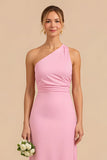 Candy Pink Sheath One Shoulder Long Bridesmaid Dress