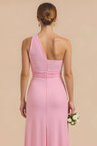 Candy Pink Sheath One Shoulder Long Bridesmaid Dress