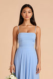 Light Blue Pleated A Line Spaghetti Straps Long Bridesmaid Dress