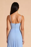 Light Blue Pleated A Line Spaghetti Straps Long Bridesmaid Dress