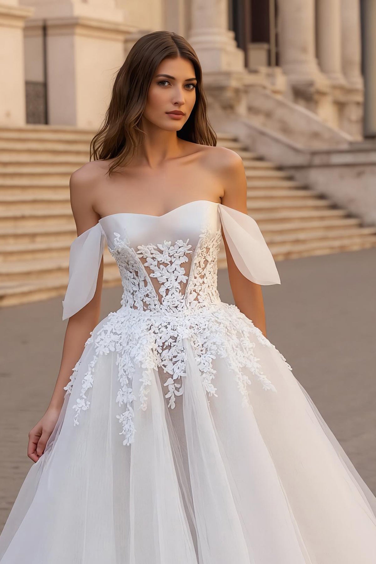 Off The Shoulder Ivory Appliqued A Line Sweep Train Wedding Dress