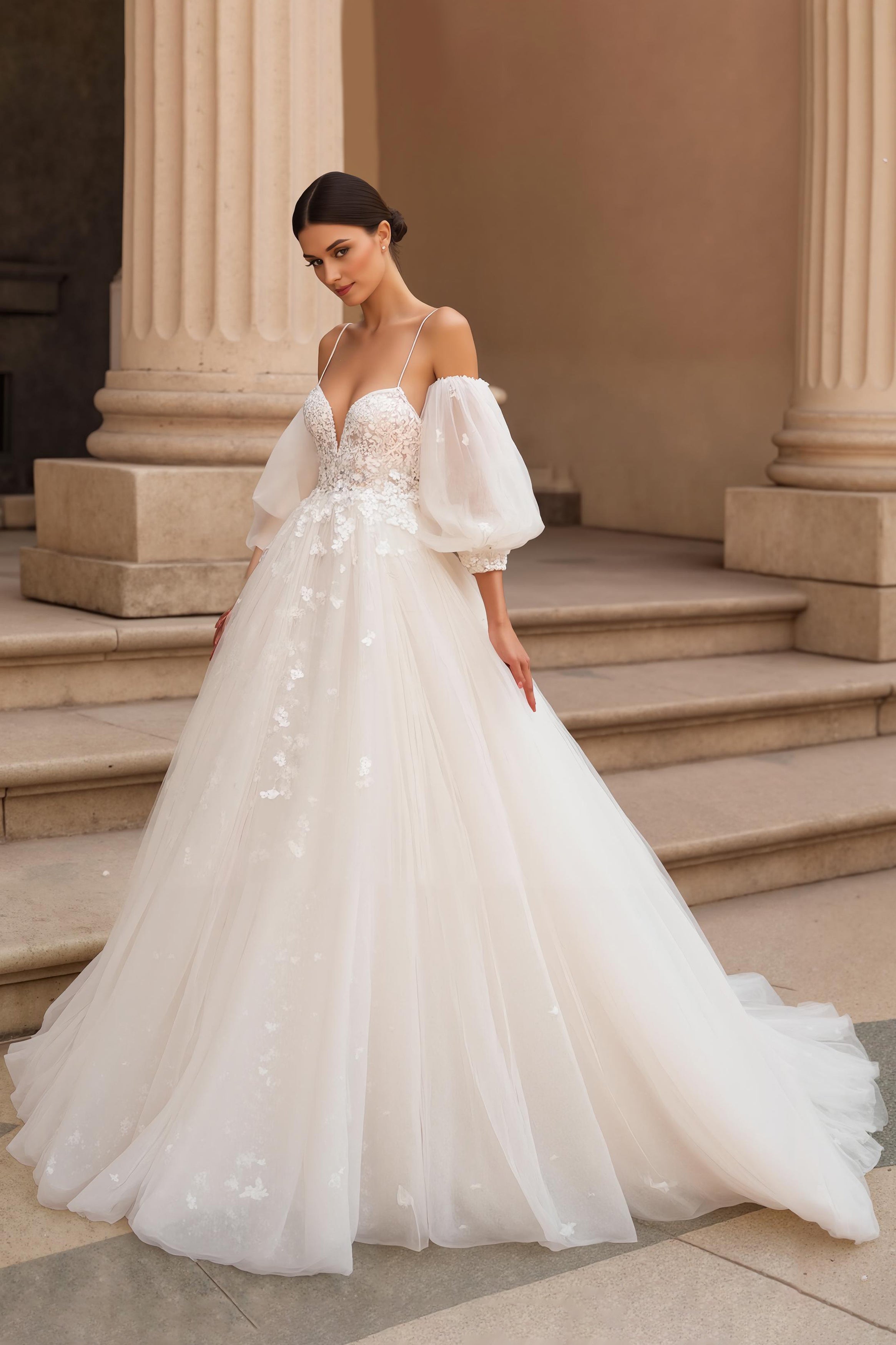 Ivory Appliqued A Line Sweep Train Wedding Dress