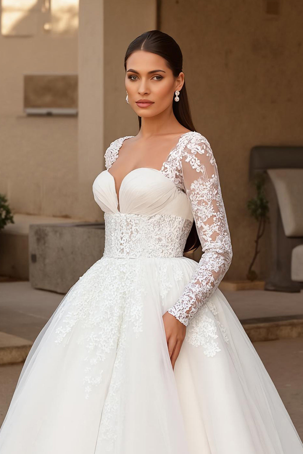 Ivory Long Sleeve Appliqued Sweep Train Wedding Dress