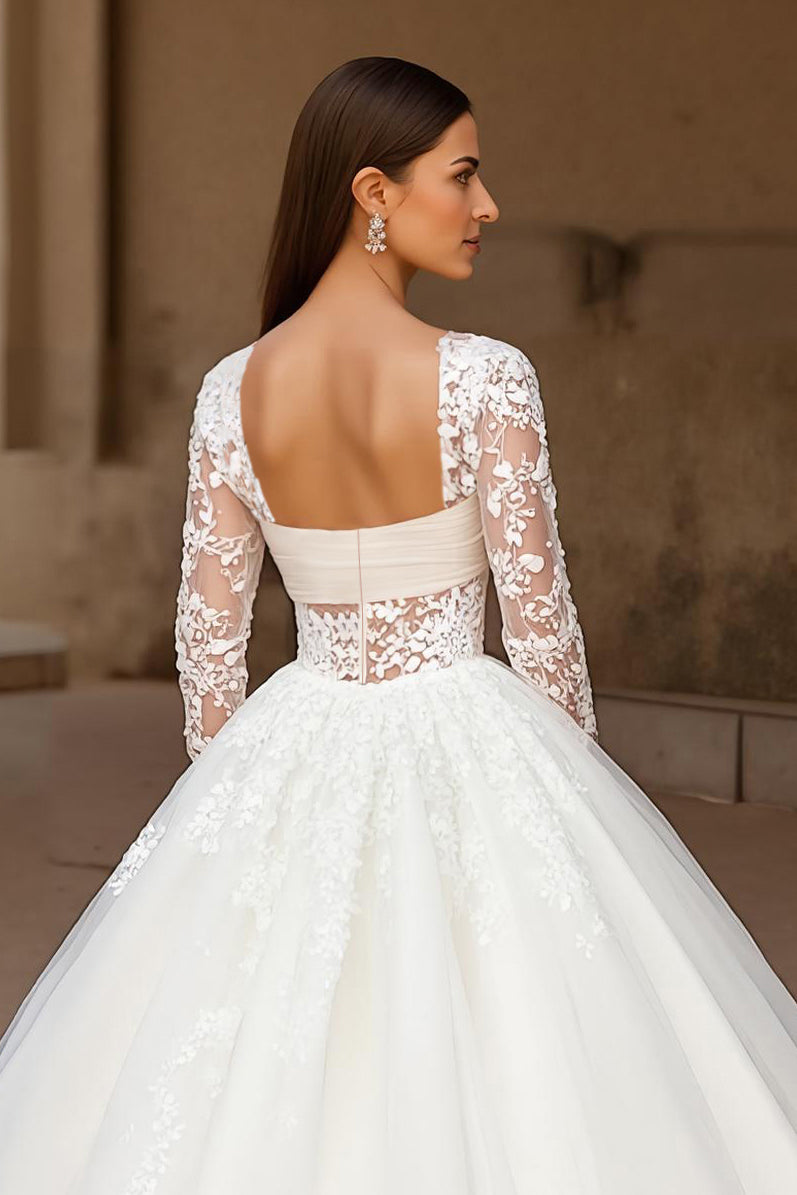 Ivory Long Sleeve Appliqued Sweep Train Wedding Dress