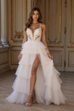 Ivory A Line Tiered Sweep Train Wedding Dress With Slit