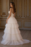 Ivory A Line Tiered Sweep Train Wedding Dress With Slit
