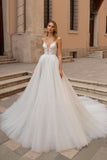 Ivory Backless A Line Sweep Train Wedding Dress With Lace