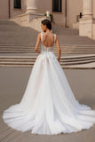 Ivory A Line Square Neck Corset Tulle Court Train Wedding Dress With Lace