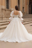 Ivory A Line Square Neck Puff Sleeves Chapel Train Wedding Dress With Lace Appliques
