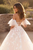 Ivory A Line Off The Shoulder Flutter Sleeve Court Train Wedding Dress With Lace